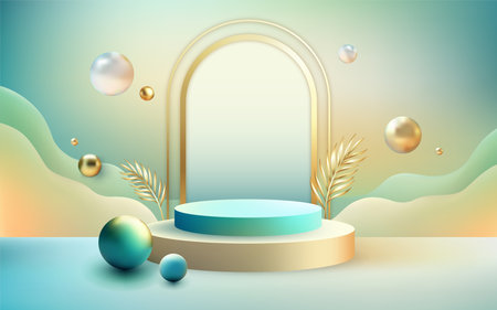 3D realistic cylinder pedestal podium with golden leaves, pearls and arch on backdrop. Empty circle scene for product presentation or mockup. Round stage cosmetic showcase on gradient background.のイラスト素材