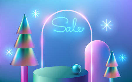 3D realistic round podium pedestal with glowing arch, holographic gradient christmas tree and snowflake. Stage showcase with glossy iridescent decoration. Platform for winter discount, sale. Ad posterのイラスト素材