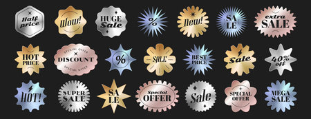 Metallic sunburst badges, price stickers different shapes. Starburst sale labels, promo tags or special offer design elements. Vector illustration set of discount emblem or stamp for retail sales.のイラスト素材