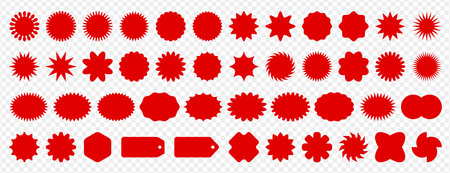 Starburst promotional badge set. Red price stickers, sunburst promo tags, vintage discount or special offer labels. Empty sale label, sunburst icons. Design elements, blank badges on white background.のイラスト素材