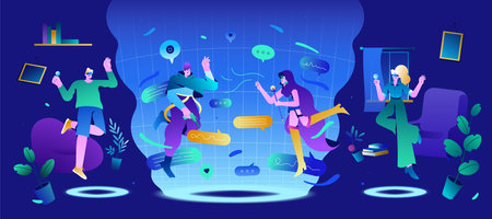 People in VR glasses communicate in metaverse. Characters floating in futuristic space with neon light. Future innovations, augmented and virtual reality communication flat vector illustration.のイラスト素材
