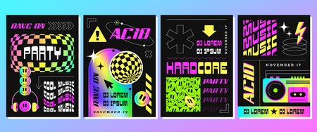 Rave acid posters for party or electronic music festival. Surreal vector illustration in trendy psychedelic style. Flyers with abstract geometric shapes, smiles, disco ball and holographic frame.のイラスト素材