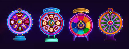 Glowing wheel of fortune for lottery game or casino realistic 3d vector illustration. Lucky roulette, game spin for win prize. Gambling lottery, leisure jackpot elements on dark background.のイラスト素材
