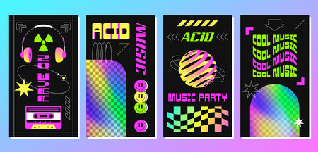 Rave posters for acid techno party or electronic music festival. Surreal vector illustration in psychedelic style. Flyers with abstract geometric shapes, disco elements and holographic rainbow frame.のイラスト素材