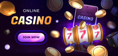 Online casino web banner with jackpot slot machine, button, neon smartphone and flying golden coins and dices on dark background. Lucky fortune, slots game with prize icons. Gambling website template.のイラスト素材