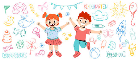 Funny cartoon kids in kindergarten play with toys. Preschool happy girl and boy with line art children icon collection. Daycare doodle. Child characters and hand drawn animals, candy, flowers, sun.のイラスト素材