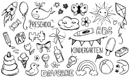 Daycare doodle set. Kindergarten and preschool line art vector illustration. Children icon collection with hand drawn toys, flowers, sun, rocket, rainbow, animals and candy on white background.のイラスト素材