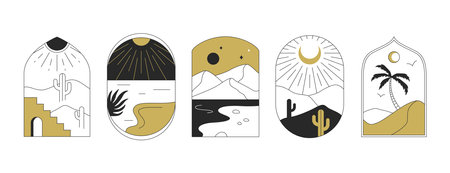 Set of boho logo with cactus, desert landscape, oasis, palm and cliffed coast, mountain, sun. Vector bohemian emblems in minimal liner style. Frames, borders, arch line art travel or hiking decorationのイラスト素材