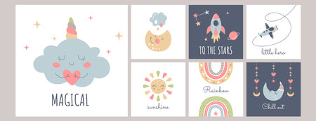Cute boho baby posters in Scandinavian style. Bohemian sleep nursery cards with rainbow, cloud, stars, sun, moon, rocket and airplane. Vector print decor for kids bedroom. Children wall art collectionのイラスト素材