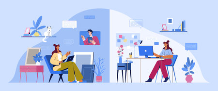 Hybrid work model or flexible schedule. Female employee working partly in office workplace and remotely from home. Woman have different locations for job tasks, alternative workspaces.のイラスト素材