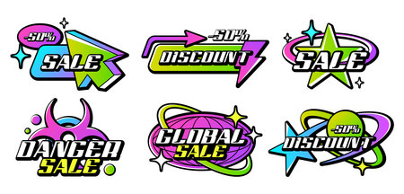 Trendy colorful Y2k logo collection. Retro acid gradient lettering logos with graphic elements for sale or discount store. Set of stickers, badges, slogan typography vector icon design illustration.のイラスト素材