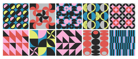 Minimalist geometric poster set with simple minimal vector pattern. Abstract shapes backgrounds in modern brutalist style. Trendy bauhaus patterns with retro elements, contemporary figures, bold formsのイラスト素材