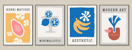 Matisse poster set with lemon, banana and papaya. Aesthetic modern wall art, naive artworks with tropical fruits, plant in vase. Trendy minimalist collage with botanical elements in contemporary styleのイラスト素材