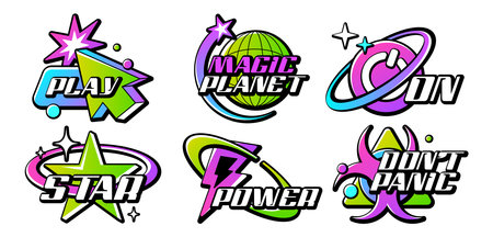 Retro Y2K logo set. Acid gradient color lettering logos for shirt, streetwear. Sticker, badges, slogan typography vector icon design illustration with star, button, planet earth. Futuristic elements.のイラスト素材