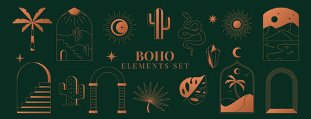 Boho elements set. Bohemian mystic line cactus, sun, moon, crystal, palm, stairs, desert landscape and arch frames design. Simple linear arch magic esoteric symbols, astrology icons on dark backgroundのイラスト素材