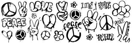 Spray paint graffiti peace pacific symbol, hand gesture V sign isolated on white background. Brush black heart icon and love word with inky drips and splatter in grunge style, vector design street artのイラスト素材