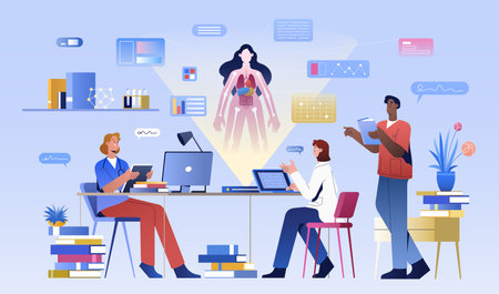 Flat medical students, doctors or nurses studying in hospital. Medicine education. Young physician specialist, group of interns learning human anatomy online. Healthcare seminar, remote class, lectureのイラスト素材