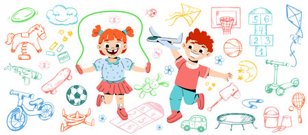 Funny cartoon children play at playground kids. Happy girl and boy in kindergarten with toys. Line art icon of bicycle, skate, ball, scooter, hopscotch and hand drawn sport element set. Daycare doodleのイラスト素材