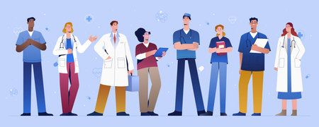 Medical student, nurses or doctors in hospital. Young physician specialist group of interns. Healthcare internship or medicine practice of medic characters. Therapist, dentist or surgeon in uniform.のイラスト素材