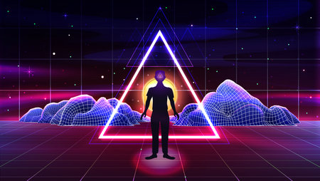 Retro futuristic background for game with neon triangle, man, sun, mountains, sky with stars, laser 3d grid technology landscape wireframe. Music cover illustration in vaporwave or 80s synthwave styleのイラスト素材