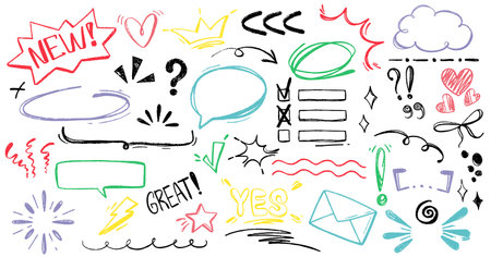 Hand drawn sketch pencil punctuation marks, brush stroke, underline, emphasis, arrow, speech bubble, highlight text elements. Color charcoal doodle check mark, phrases, swoop line, cross freehand iconのイラスト素材