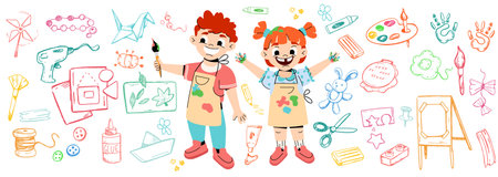 Funny cartoon children in kindergarten drawing with paints. Craft activities for kids Preschool happy girl and boy with art supplies icon collection. Daycare doodle. Child characters sewing, painting.のイラスト素材