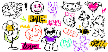Spray paint graffiti element set of bears, flower, heart, mushroom, cat, skull, plaster, smile and cool gesture. Grunge ink graphic symbols and color street art tags isolated on white background.のイラスト素材