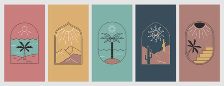 Vector minimal linear boho emblem with palm, sea beach and sun in bohemian style. Travel logos with cactus, sandy desert, mountains and tropical trees. Modern summer and vacation badges for holidayのイラスト素材