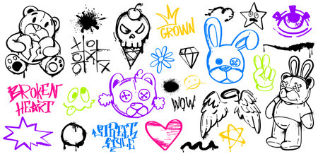 Spray paint graffiti element set of bear, rabbit, heart, skull, angel wings, eye, stars, tic tac toe and cool gesture. Grunge ink graphic symbols and color street art tags isolated on white backgroundのイラスト素材