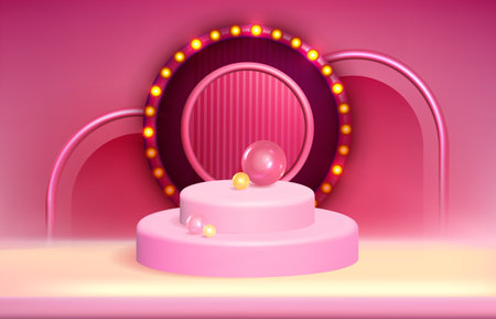 Circle stage with round frame and glowing light bulbs. Pink podium with sphere and glowing arch. Studio room platform for showcase, product or cosmetic presentation realistic vector illustration.のイラスト素材