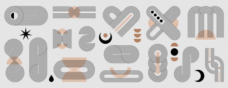 Boho zen arch set. Minimal simple linear figures, editable strokes and moon in trendy bohemian style. Contemporary abstract black geometric balance shapes. Aesthetic design stripes line shape.のイラスト素材
