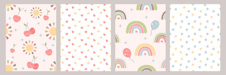 Boho baby seamless pattern with rainbow, star, heart, balloons, cute sun and cherry. Hand drawn bohemian nursery design for kids bedroom in scandinavian style. Childish wall art decor for newborn.のイラスト素材