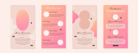 Customer service review or feedback story template design. Vector set of pastel testimonial posts of product for social media. Web banners of client satisfaction with stars rating and short quotes.のイラスト素材