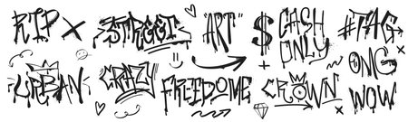 Set of spray paint tags, slogan or arrow with graffiti effect. Hand drawn ink dollar symbol with drips and splatters. Urban street art black design element, grunge fonts isolated on white background.のイラスト素材