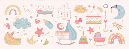 Boho baby objects in Scandinavian style. Nursery room decor with cute moon, clouds, stars, rainbow and cradle. Kids clipart set for newborn. Bohemian simple bohemian elements for bedroom interior.のイラスト素材