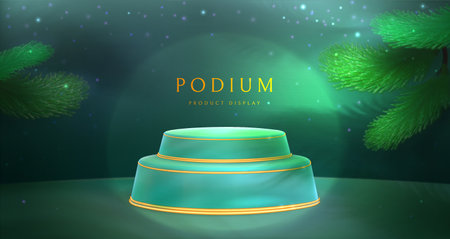 Vector realistic 3d podium with holiday christmas branches. Round pedestal, product display platform with golden decor, fir tree branch and sparkle green background. Showcase scene for presentation.のイラスト素材