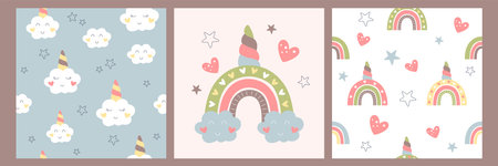 Boho baby seamless pattern with rainbow, cute clouds, stars and hearts. Hand drawn bohemian nursery design for kids bedroom in scandinavian style. Childish wall art decor for newborn in pastel colors.のイラスト素材