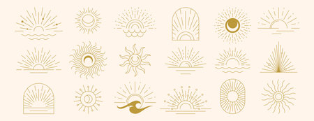 Vector set of linear boho moon, sunset and light rays. Hand drawn sunburst, golden outline sun line art icons in minimal bohemian style. Mystic magic esoteric symbols, celestial logo design elements.のイラスト素材