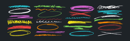 Vector set of hand drawn colorful pencil lines and squiggles set. Charcoal strikethroughs, underlines, scribbles and brush rough strokes isolated on black background. Grunge smears, crayon emphasis.のイラスト素材
