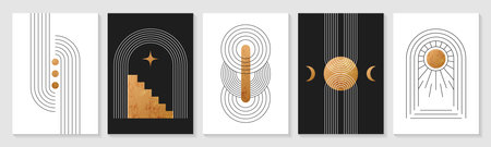 Zen arch posters. Modern boho linear geometric shapes, minimal simple figures. Vector set of covers, minimalist abstract wall art contemporary elements, golden sun and moon in trendy bohemian style.のイラスト素材
