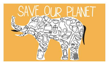 Save our planet. Elephant silhouette with plastic garbage doodle icons. Stop pollution, reduce waste concept. Wild animal filled with plastic bags, bottles or trash on background. World wildlife day.のイラスト素材