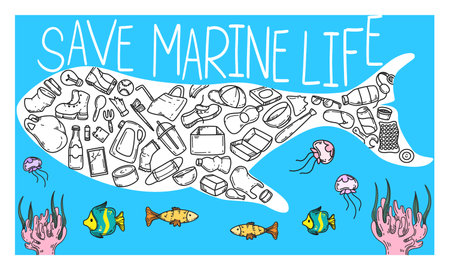 Whale silhouette with plastic garbage doodle icons. Save underwater life, stop ocean pollution, reduce water waste concept. Marine animal filled with plastic bags, bottles or trash on blue background.のイラスト素材