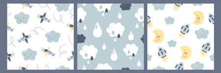 Bohemian baby seamless pattern. Hand drawn boho nursery design with clouds, raindrops, cute moon, airplane and rocket in sky for kids bedroom in scandinavian style. Childish simple decor wall art.のイラスト素材