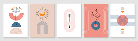 Set of zen arch posters with minimalist nordic boho elements. Modern graphic wall art decor with geometric linear, organic natural shapes, simple figures and moon in pastel colors. Bohemian covers.のイラスト素材