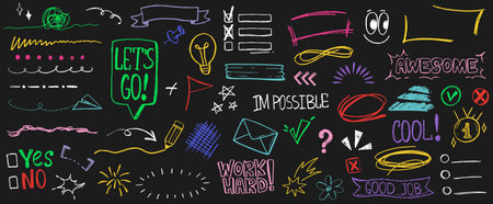 Hand drawn sketch pencil text underline, arrow, emphasis line accent element and expression sign. Doodle punctuation marks, charcoal scribbles, strokes. Color frame, check list, tick and checkbox iconのイラスト素材