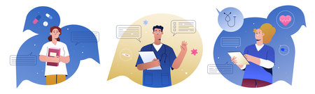 Medical students, nurses or doctors in uniform. Group of young hospital workers or physician intern specialists make diagnoses, consult online in chat message. Healthcare internship, medicine practiceのイラスト素材