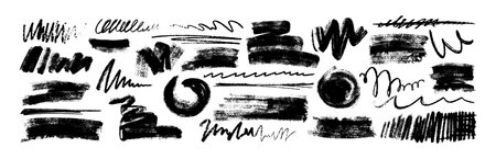 Vector hand drawing doodle charcoal strokes, scribbles and curly lines. Crayon squiggles, black sketches and wavy underlines element set. Abstract simple shapes and chalk strips with pencil texture.のイラスト素材