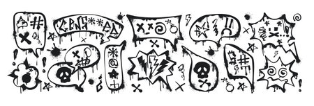 Graffiti spray paint comic speech bubbles with curses, insults, offensive words, skull, censored. Hand drawn ink talk balloons, dialogue box, text frames with swearwords. Aggressive emotion, profanityのイラスト素材