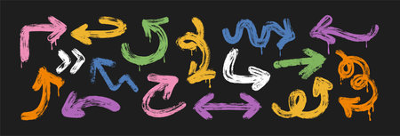 Hand drawn rough arrow vector set isolated on black background. Colorful bold brush stroke spiral, curly and straight arrows different shape. Direction graphic design elements in sketchy grunge style.のイラスト素材