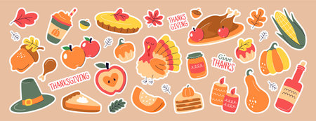 Holiday sticker set of happy thanksgiving day. Vector doodle autumn elements with roast turkey, fall leaves, ear of corn, acorns, pumpkin, pilgrim hat, pie, wine and candles. Harvest festival icons.のイラスト素材